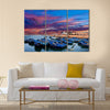 Blue fishing boats on an ocean coast in Essaouira, Morocco Multi panel canvas wall art