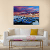 Blue fishing boats on an ocean in Morocco Multi Panel Canvas Wall Art