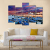 Blue fishing boats on an ocean in Morocco Multi Panel Canvas Wall Art