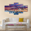 Blue fishing boats on an ocean in Morocco Multi Panel Canvas Wall Art