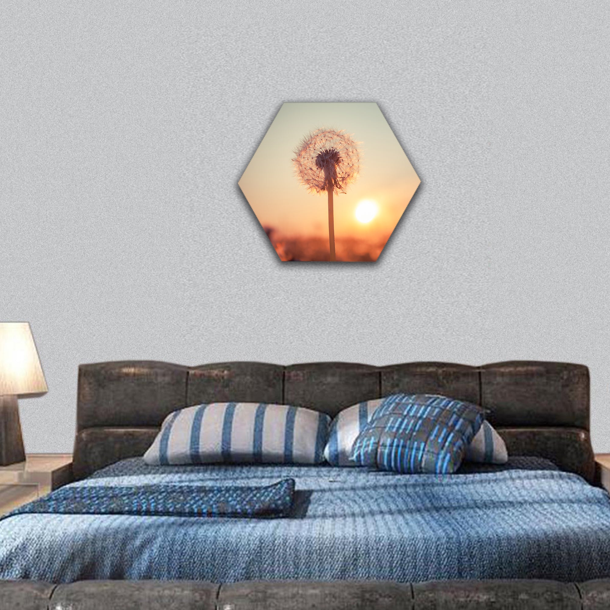 Real field and dandelion at summer sunset hexagonal canvas wall art