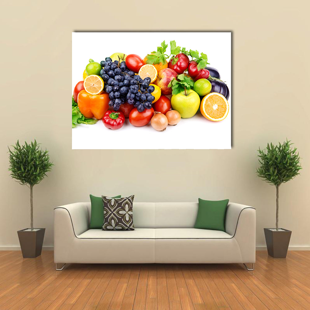 Set of different fruits and vegetables isolated on white background Multi panel canvas wall art