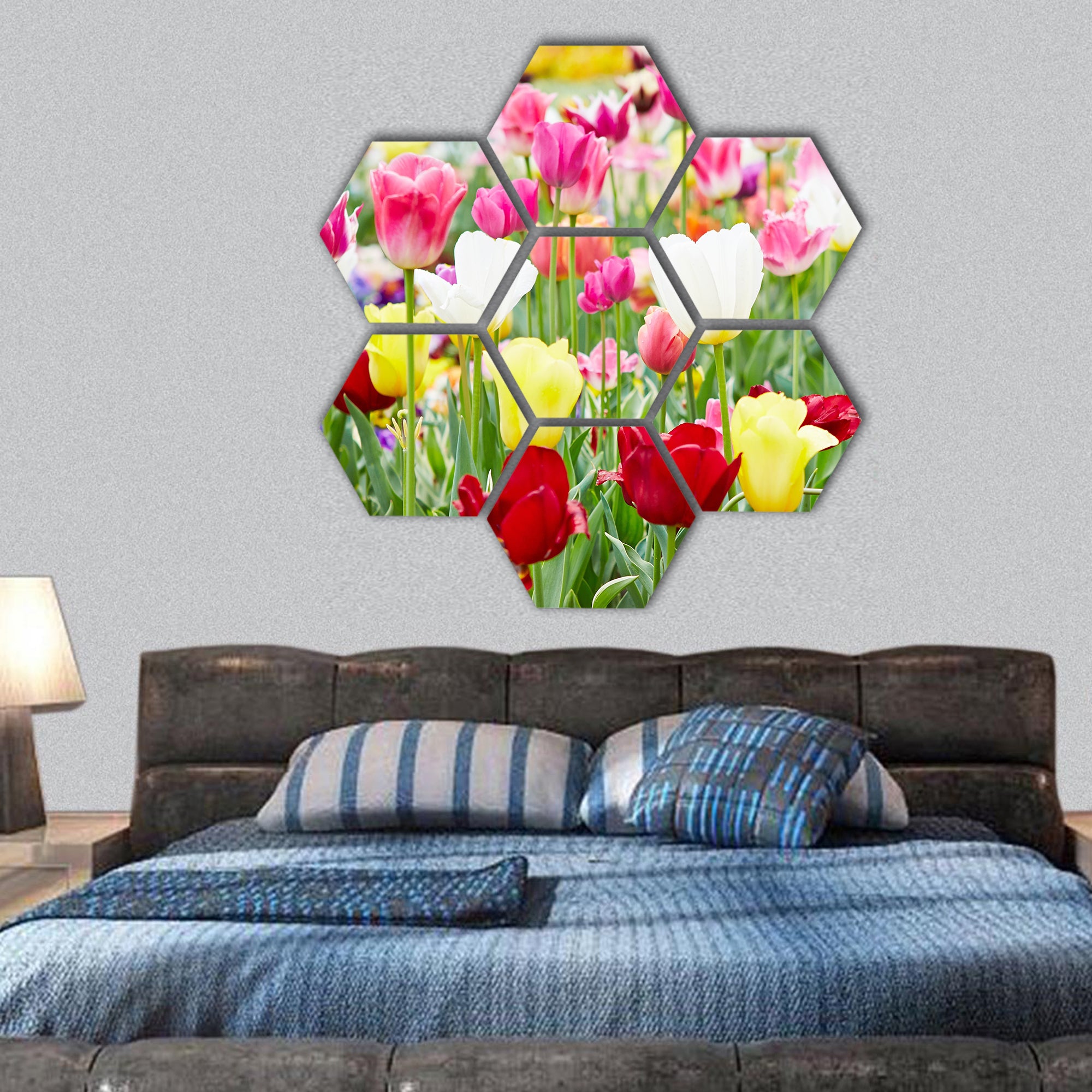 Different flowers and blooming tulips hexagonal canvas wall art