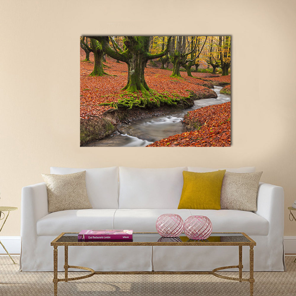 The falling leaves colors the autumn season in the forest Multi Panel Canvas Wall Art