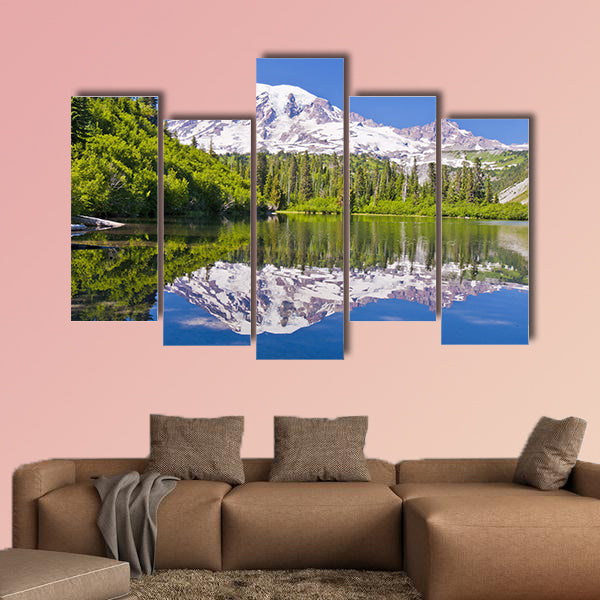 The Beautiful Reflection of Mt Rainier from the Bench Lake multi panel canvas wall art