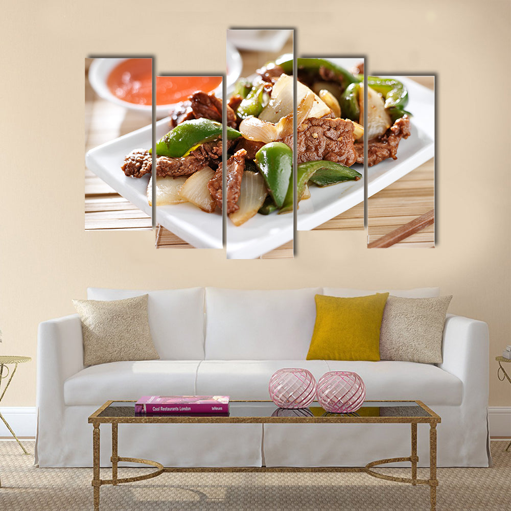 Chinese food Pepper beef at restaurant Multi Panel Canvas Wall Art