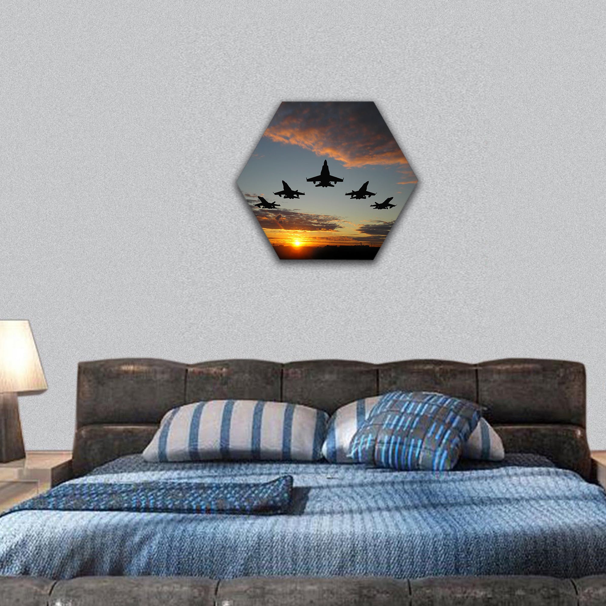 Five bombers over orange sunset hexagonal canvas wall art