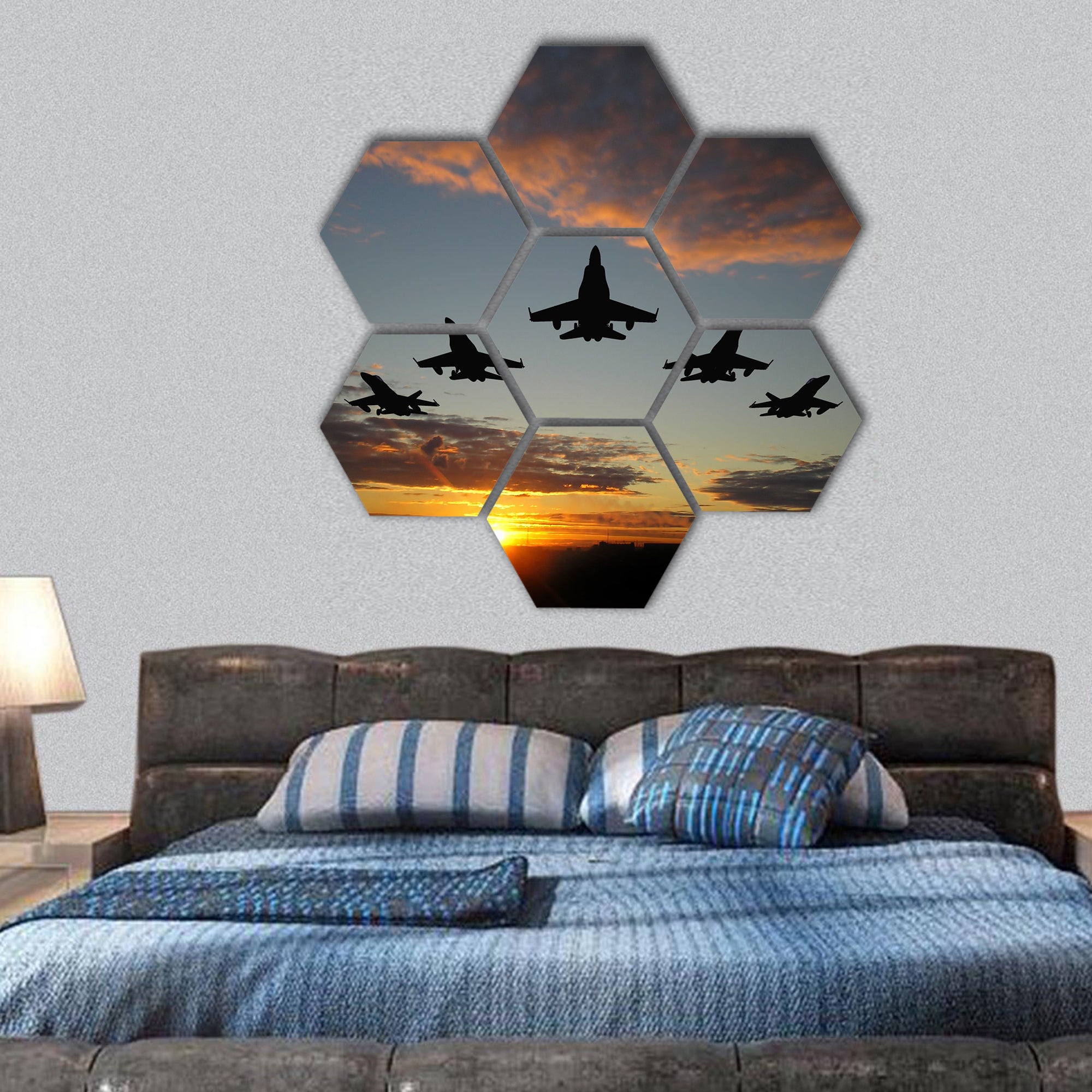 Five bombers over orange sunset hexagonal canvas wall art