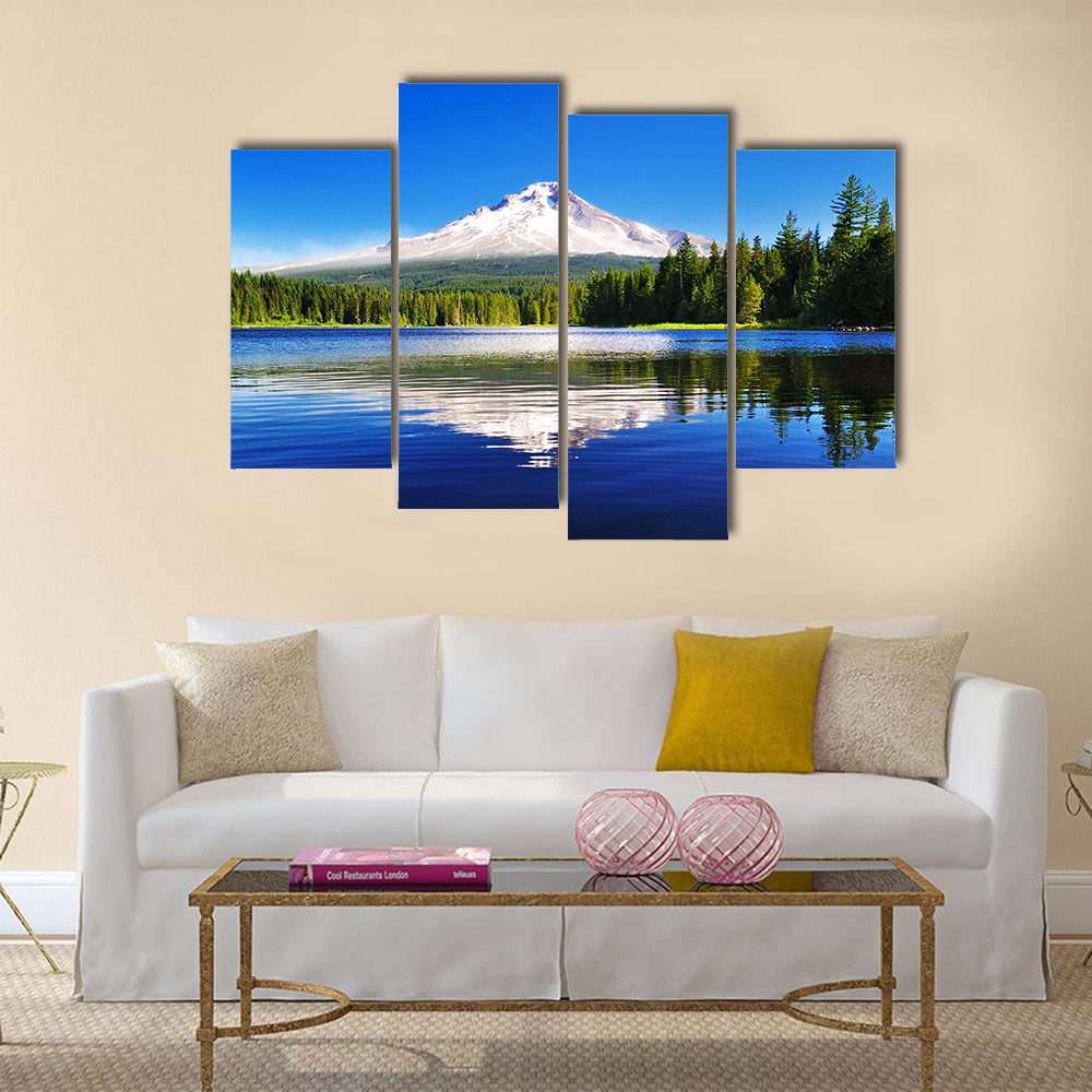 The Mount Hood reflection in Trillium Lake Multi panel canvas wall art