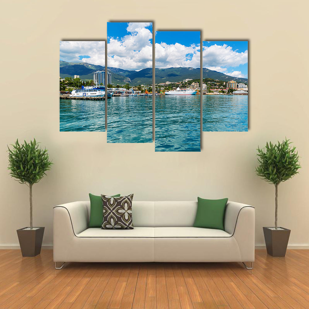 Scenic summer panorama of Black Sea pier and port harbor Multi panel canvas wall art