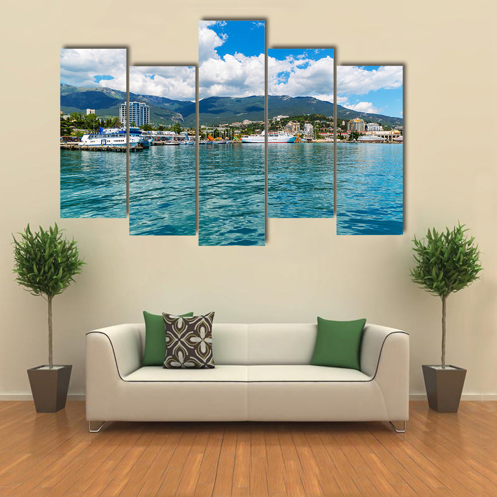 Scenic summer panorama of Black Sea pier and port harbor Multi panel canvas wall art