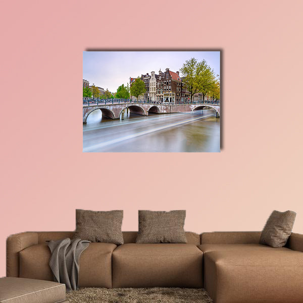 Amsterdam Bridge and water canal Boat light trail canvas wall art