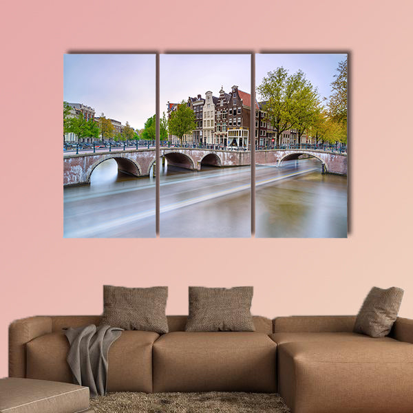 Amsterdam Bridge and water canal Boat light trail canvas wall art