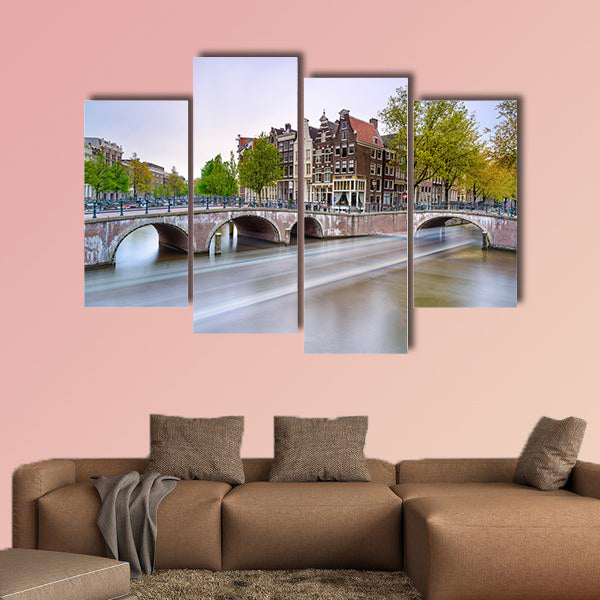 Amsterdam Bridge and water canal Boat light trail canvas wall art