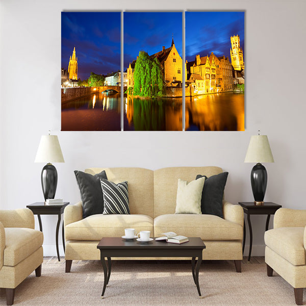 Night view of Bruges town World Heritage Site Multi panel canvas wall art