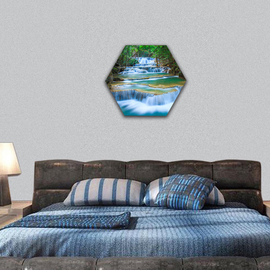 Deep forest Waterfall in Kanchanaburi, Thailand hexagonal canvas wall art