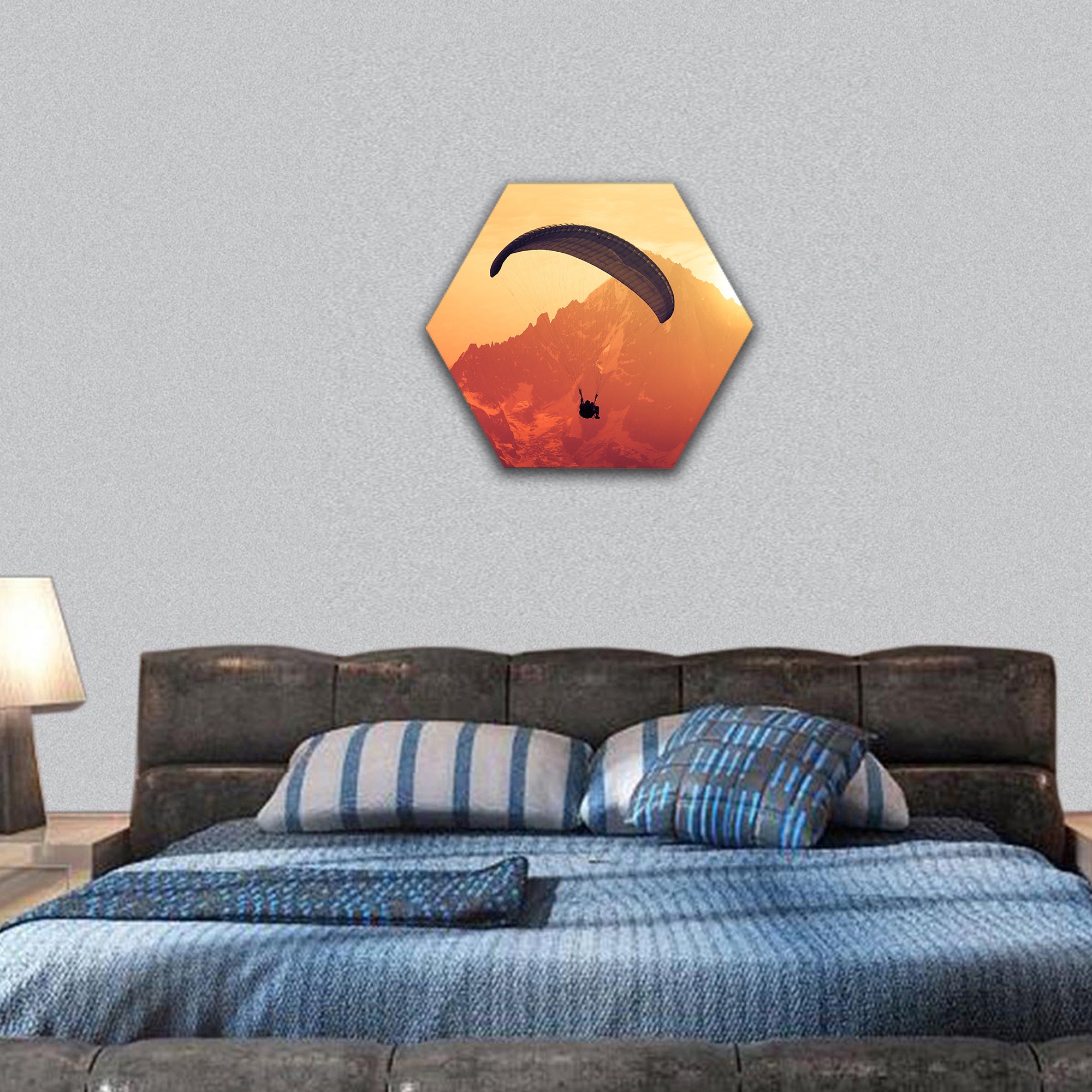 Sepia paraglide silhouette over Alps peaks hexagonal canvas wall art