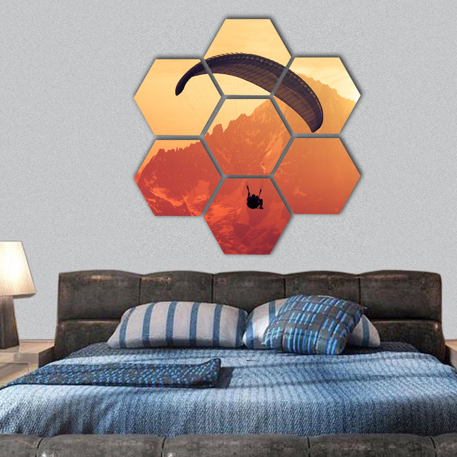 Sepia paraglide silhouette over Alps peaks hexagonal canvas wall art