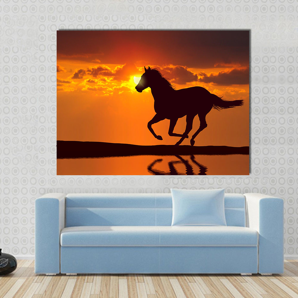 Horse running during sunset with water reflection Multi panel canvas wall art
