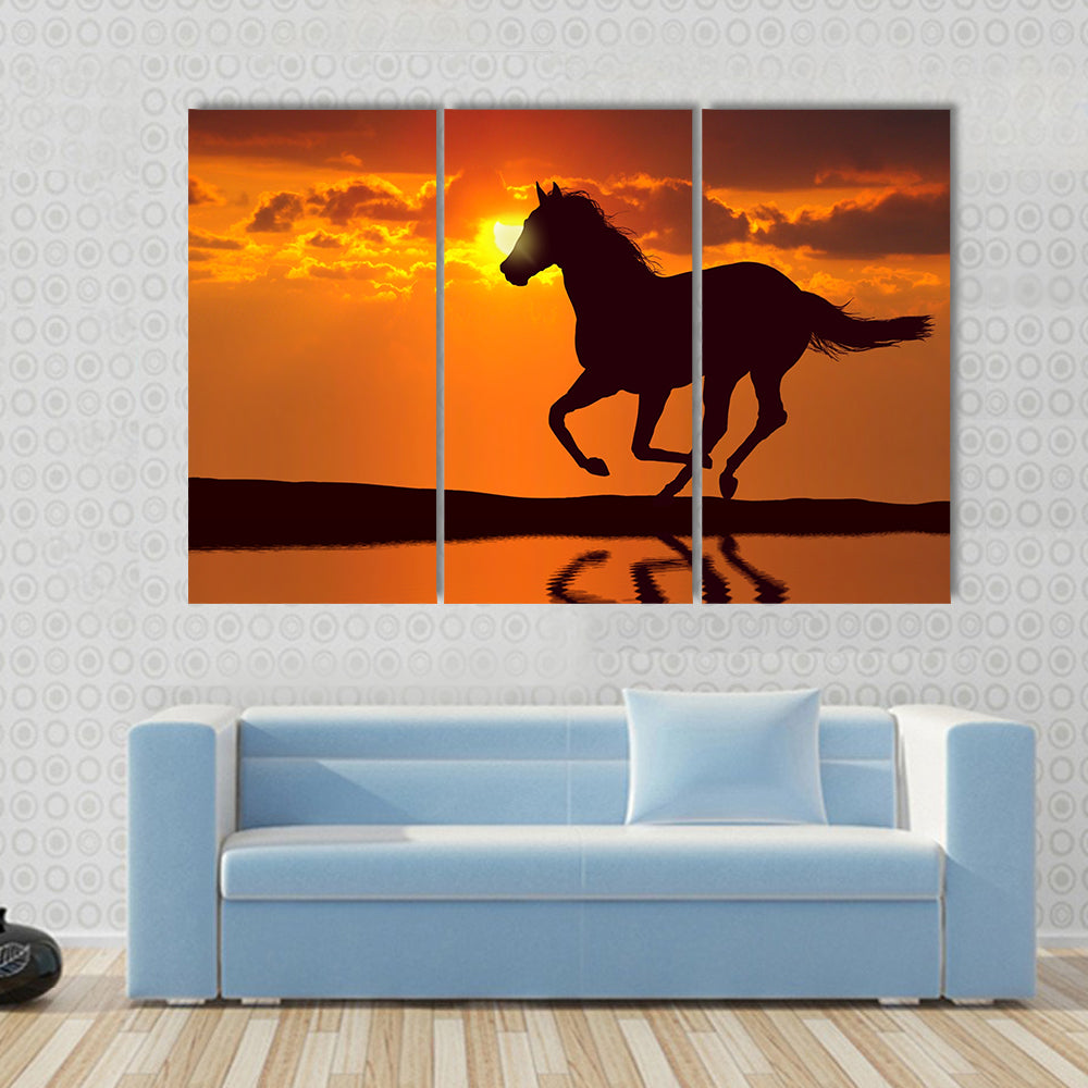 Horse running during sunset with water reflection Multi panel canvas wall art