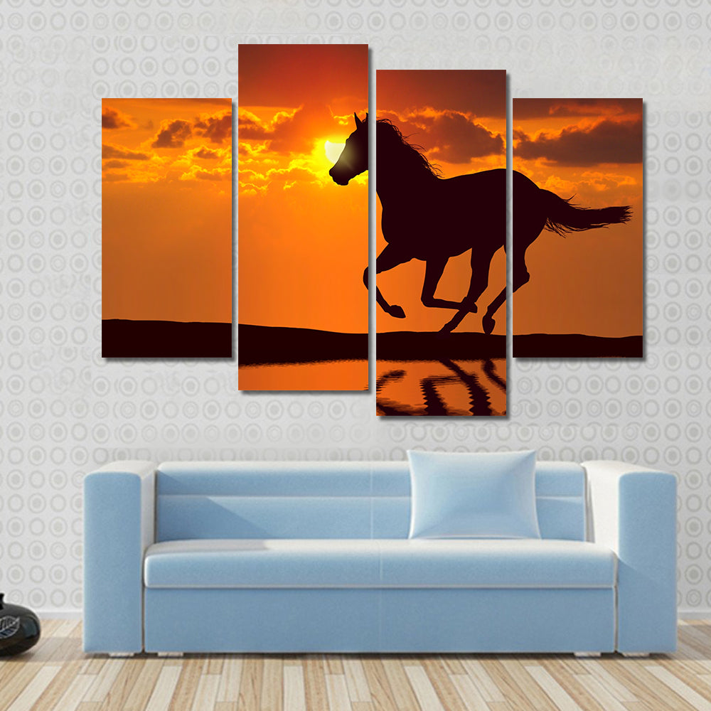 Horse running during sunset with water reflection Multi panel canvas wall art