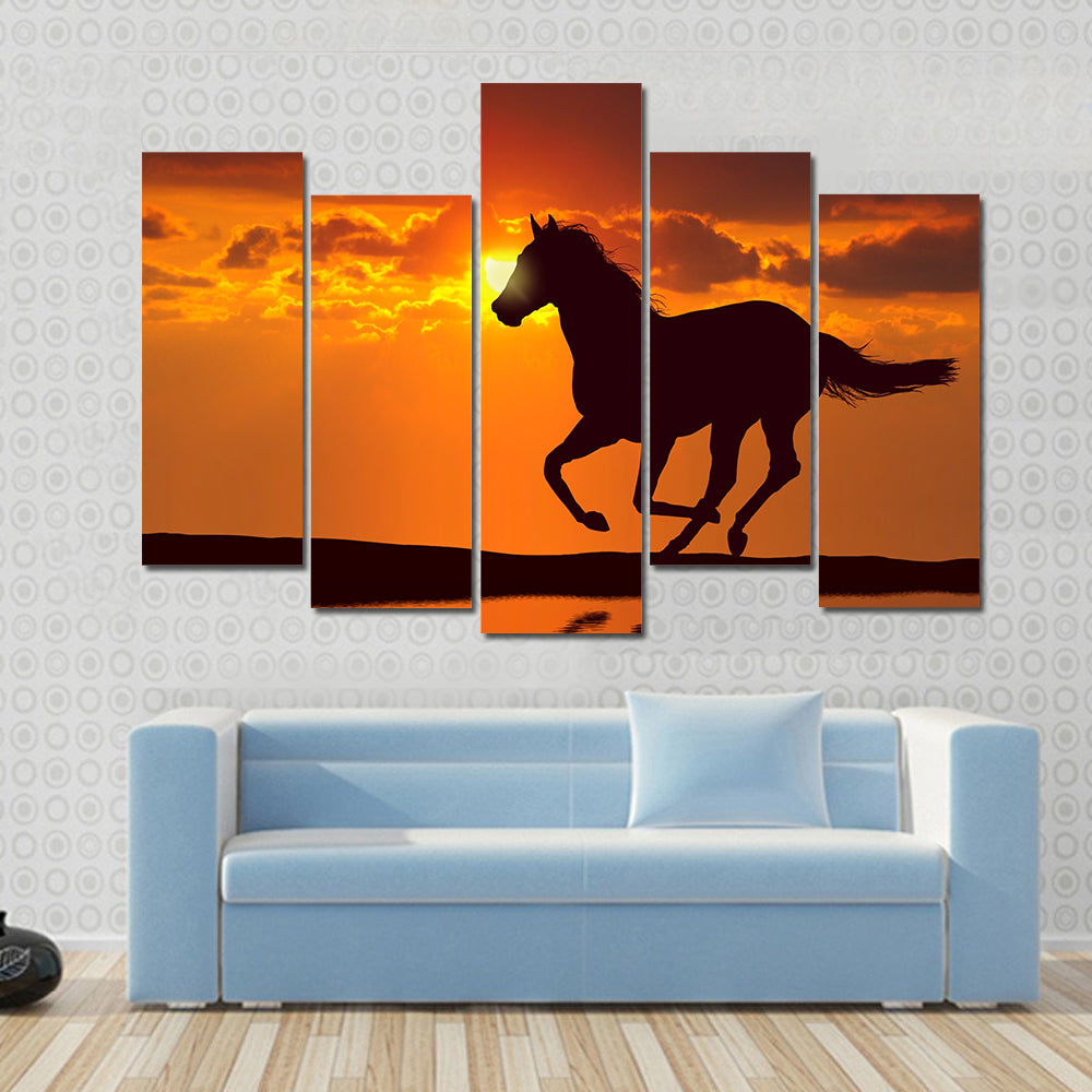 Horse running during sunset with water reflection Multi panel canvas wall art