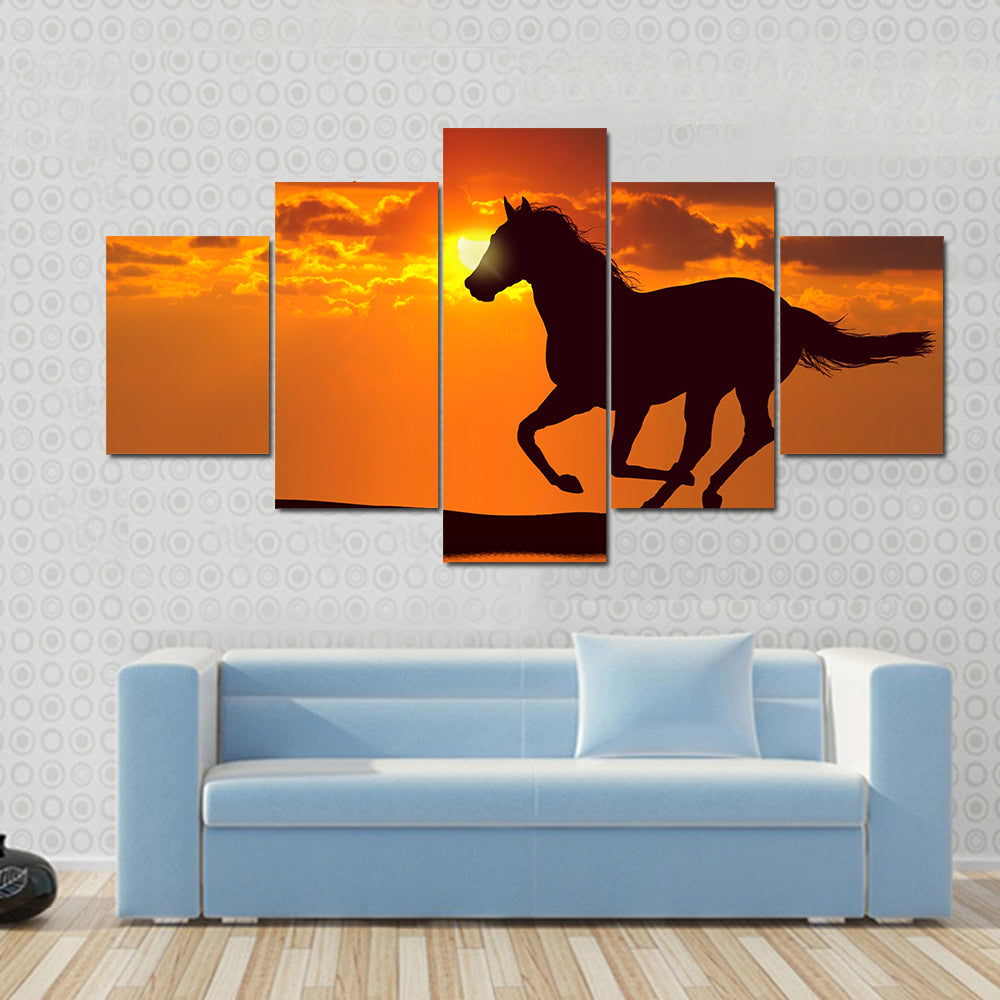 Horse running during sunset with water reflection Multi panel canvas wall art