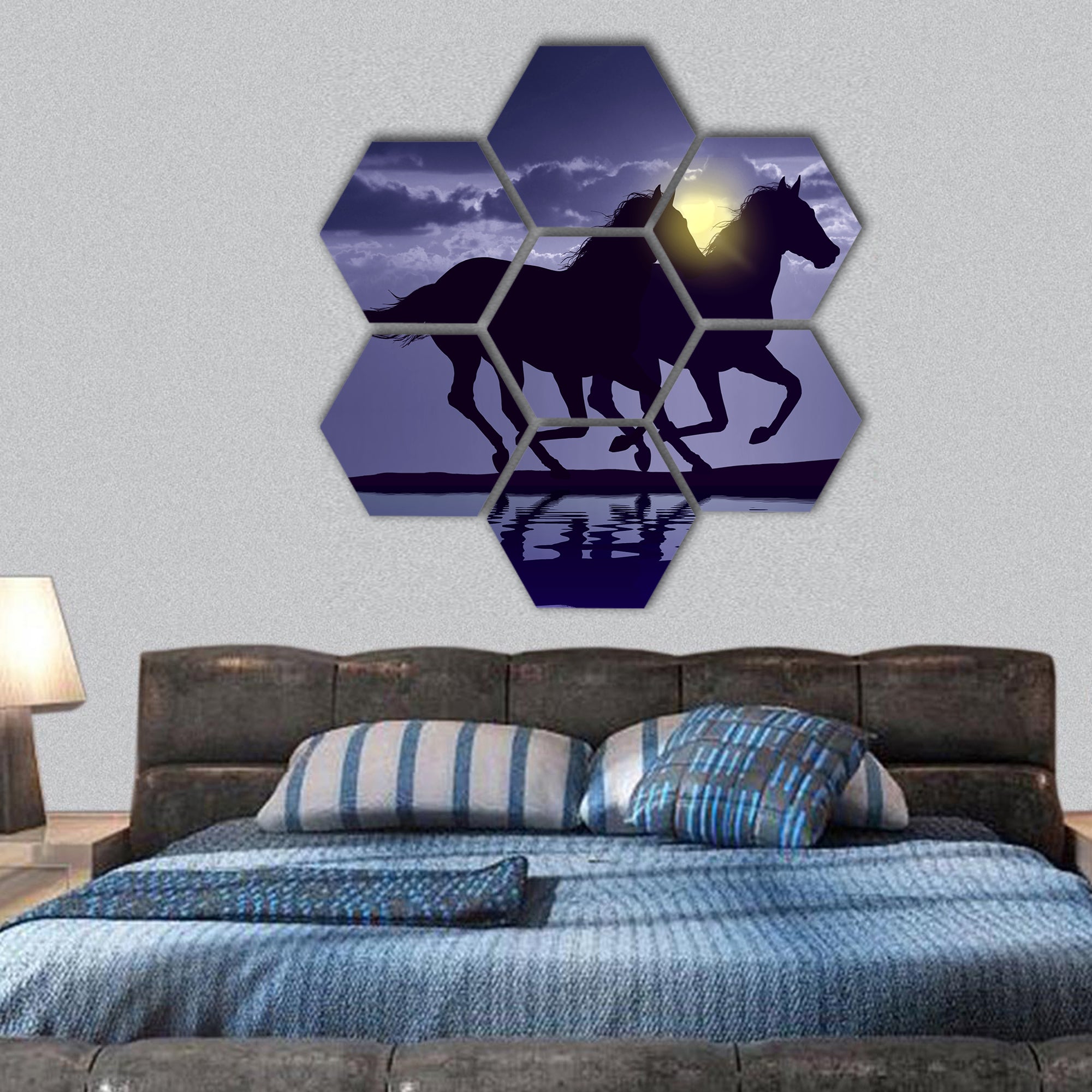 Horses running at sunset with water reflection hexagonal canvas wall art