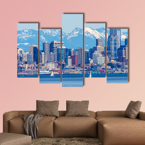 Seattle Skyline Sailboats Puget Sound Cascade Mountains Washington wall art