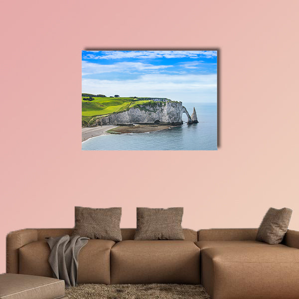 Etretat Aval cliff, rocks and natural arch landmark and Blue Ocean wall art