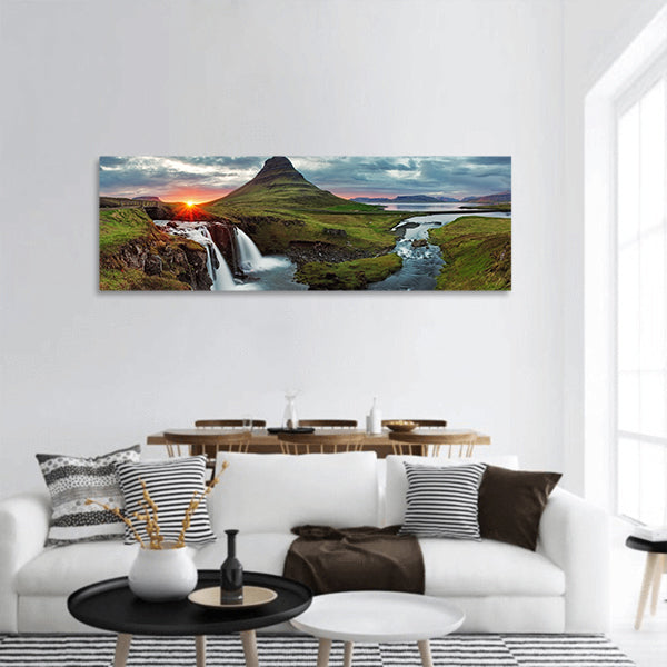 Iceland Landscape spring panorama at sunset - Kirkjufell panoramic canvas wall art
