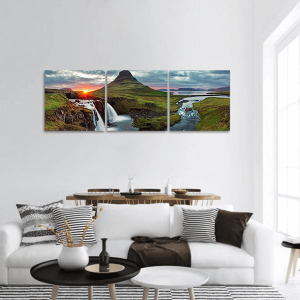 Iceland Landscape spring panorama at sunset - Kirkjufell panoramic canvas wall art