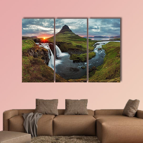 Iceland Landscape spring panorama at sunset, kirkjufell multi panel canvas wall art