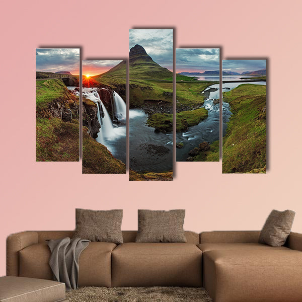 Iceland Landscape spring panorama at sunset, kirkjufell multi panel canvas wall art