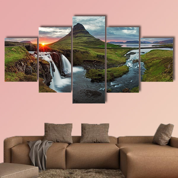 Iceland Landscape spring panorama at sunset, kirkjufell multi panel canvas wall art