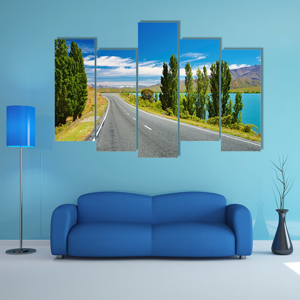 Mountain Landscape With Lake And Road In New Zealand Multi Panel Canvas Wall Art
