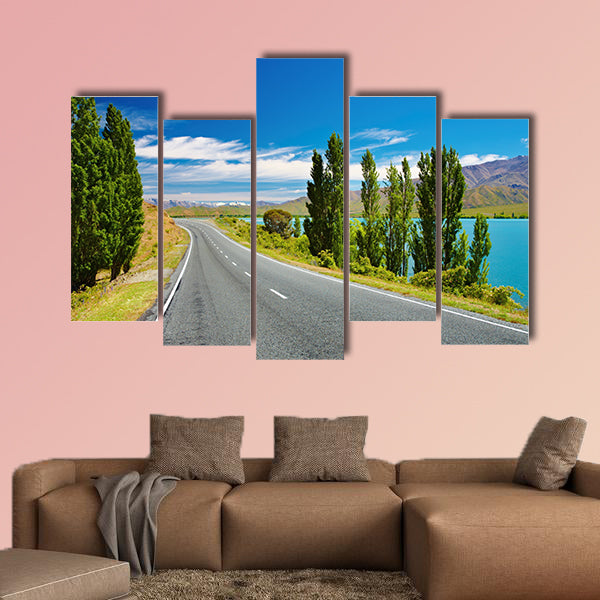 Mountain landscape with lake and road, New Zealand multi panel canvas wall art