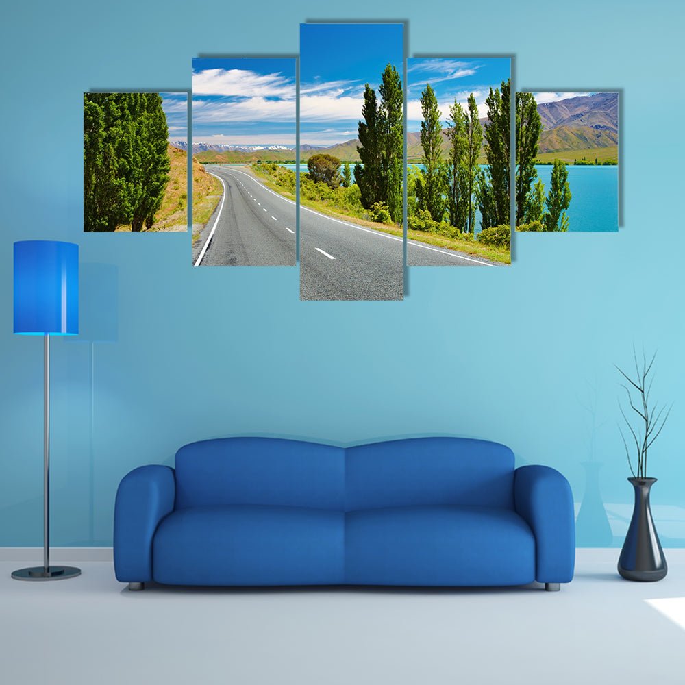 Mountain Landscape With Lake And Road In New Zealand Multi Panel Canvas Wall Art