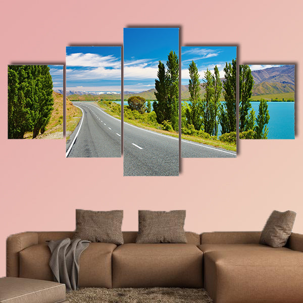 Mountain landscape with lake and road, New Zealand multi panel canvas wall art