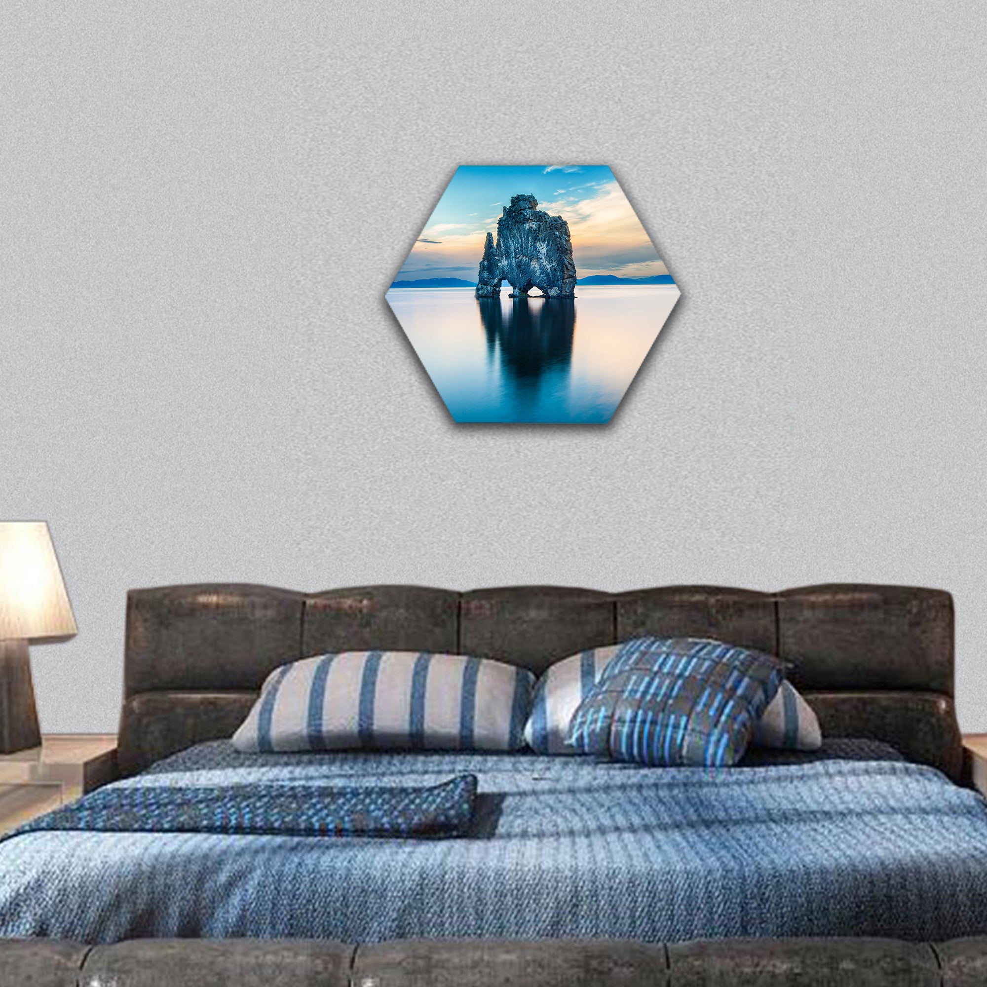 Hvitserkur reflects in the sea water after midnight sunset hexagonal canvas wall art