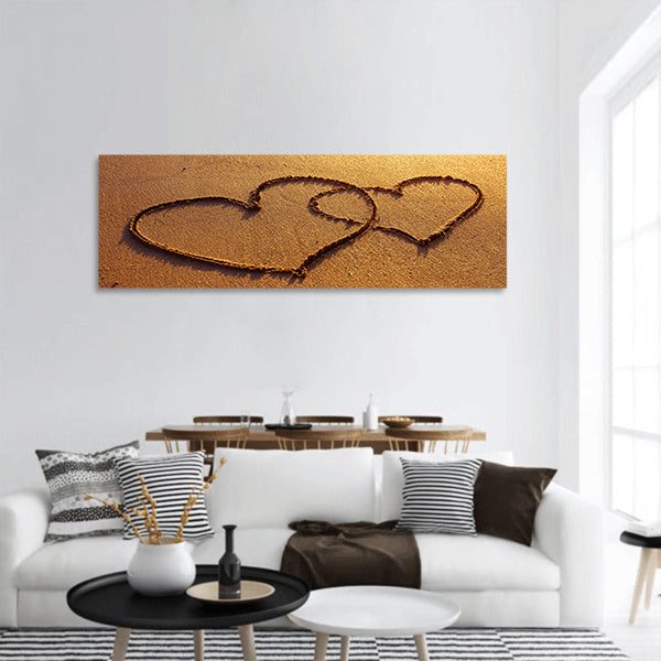 Honeymoon day greetings on the sand, two hearts panoramic canvas wall art