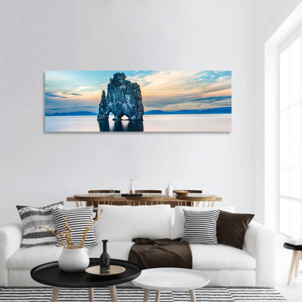 Hvitserkur is a spectacular rock in sea on coast of Iceland panoramic canvas wall art