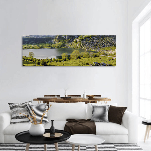 Fantastic lake Enol,  lakes of Covadonga, Asturias , Spain panoramic canvas wall art