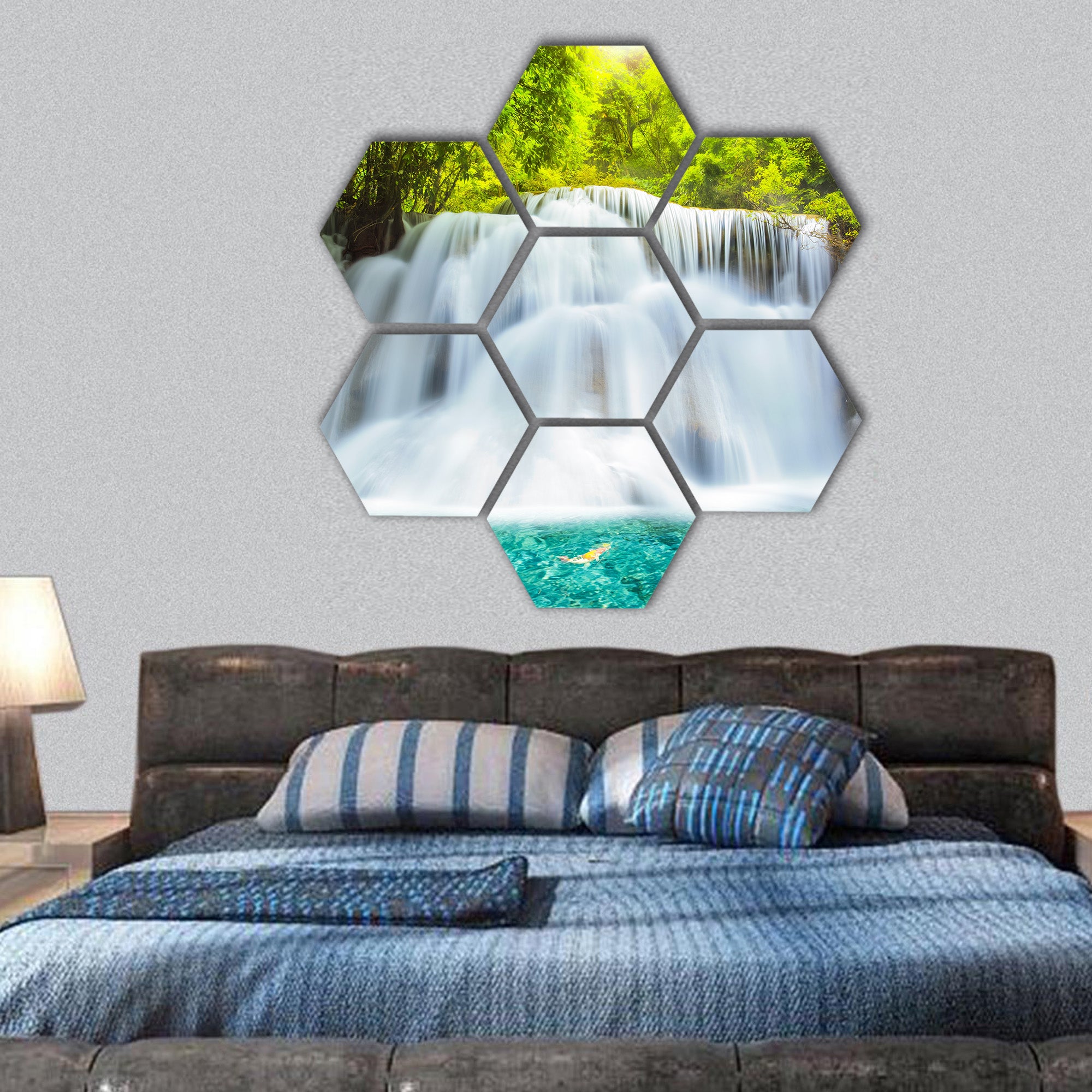 Level three of Huai Mae Kamin Waterfall hexagonal canvas wall art