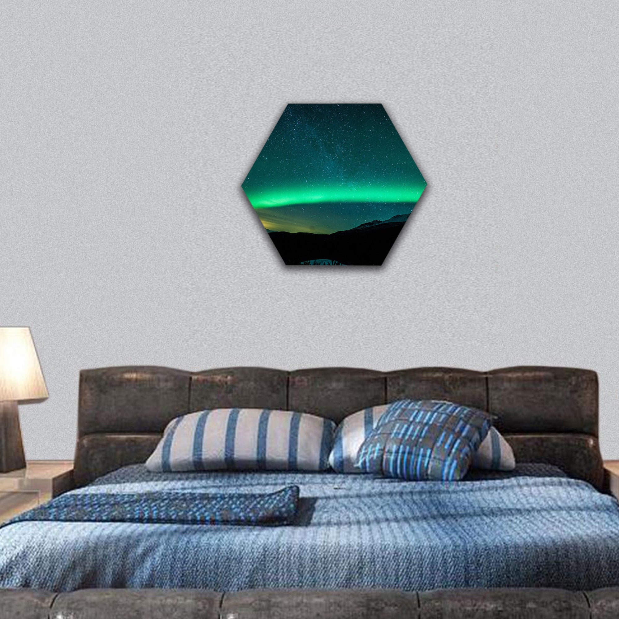 Northern lights arc in Sweden hexagonal canvas wall art