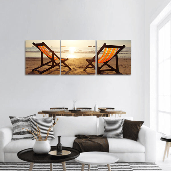 Beach, two deck chairs and blue sky panoramic canvas wall art