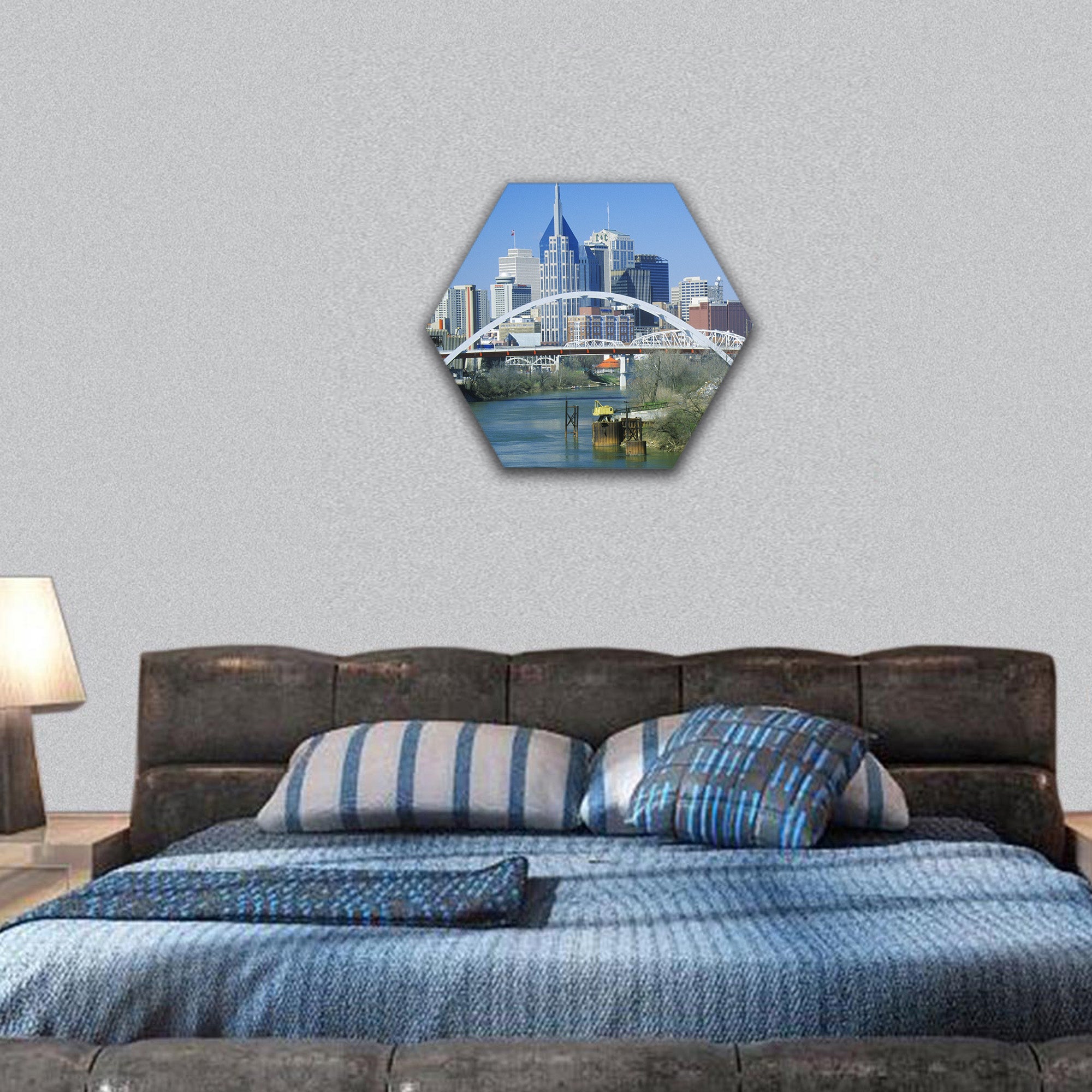 TN skyline with Cumberland River hexagonal canvas wall art