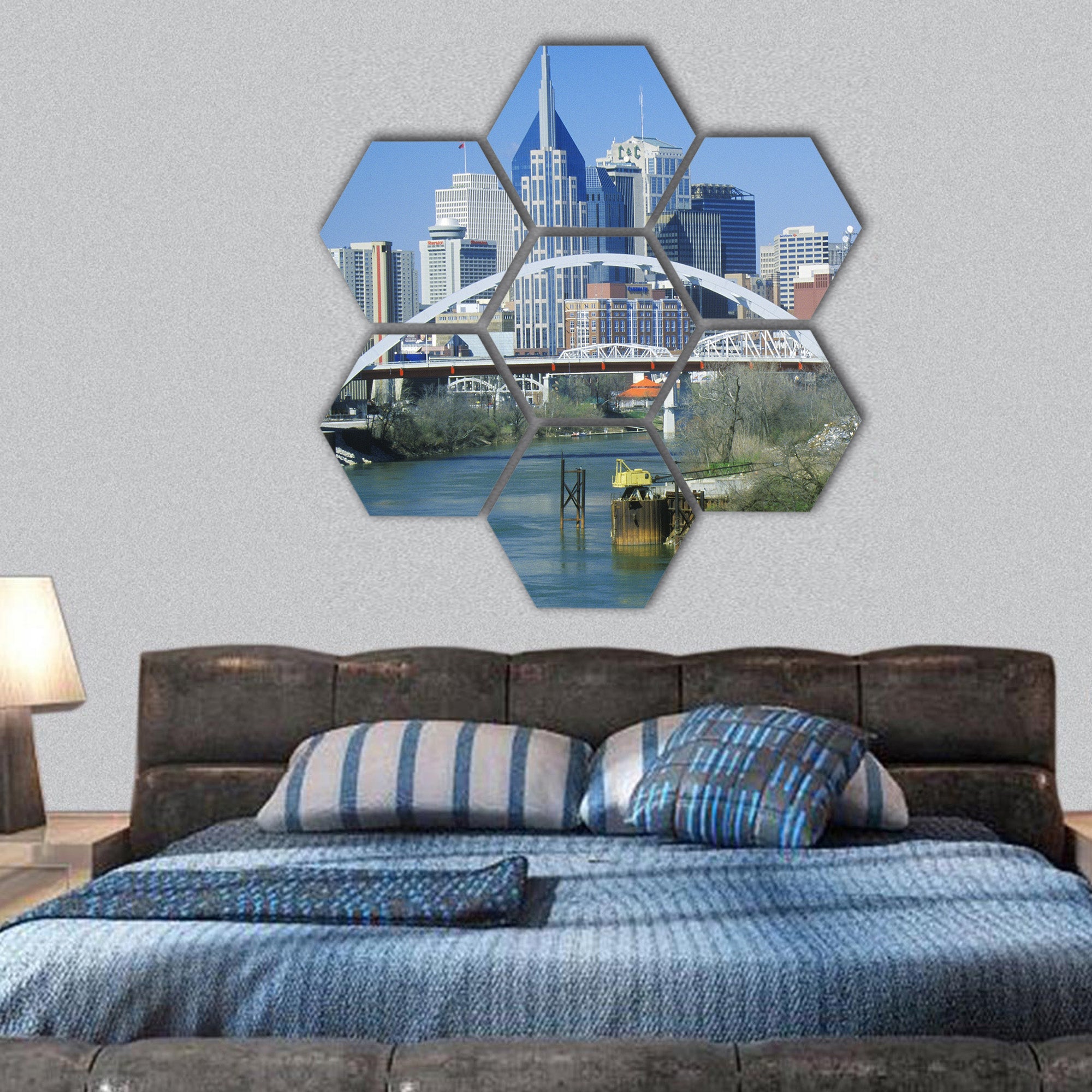 TN skyline with Cumberland River hexagonal canvas wall art