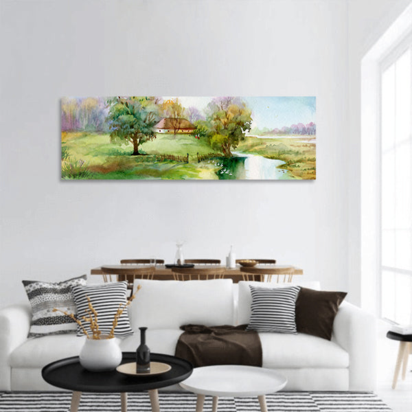 Watercolor Landscape Collection Village Life panoramic canvas wall art