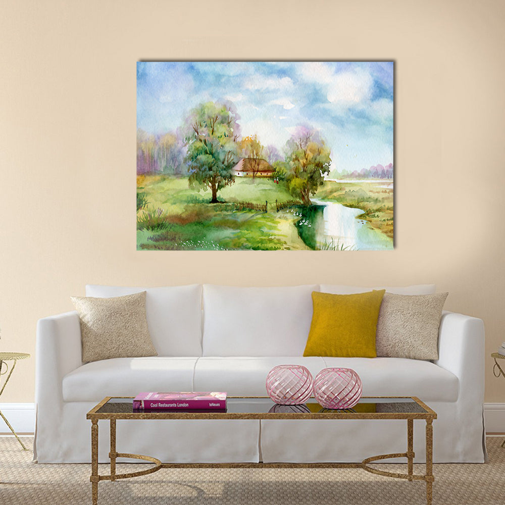 Watercolor Landscape Collection Village Life Multi Panel Canvas Wall Art